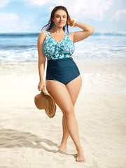 Silhouette Floral Print Patchwork Gathered One Piece Swimsuit