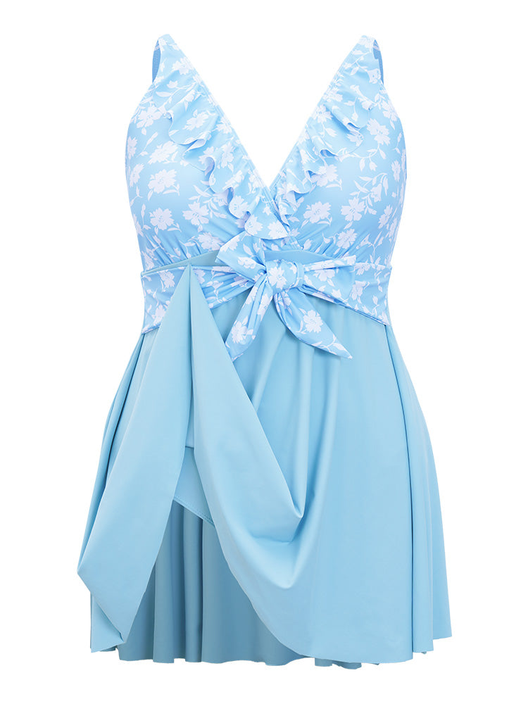 Floral Patchwork Ruffle Trim Knot Front Swim Dress