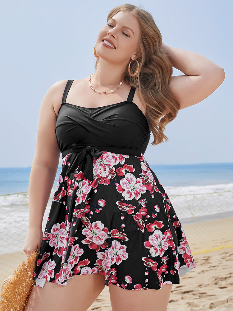 Floral Print Knotted Twist Front  A Line Swim Dress