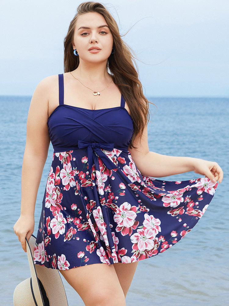 Floral Print Knotted Twist Front  A Line Swim Dress