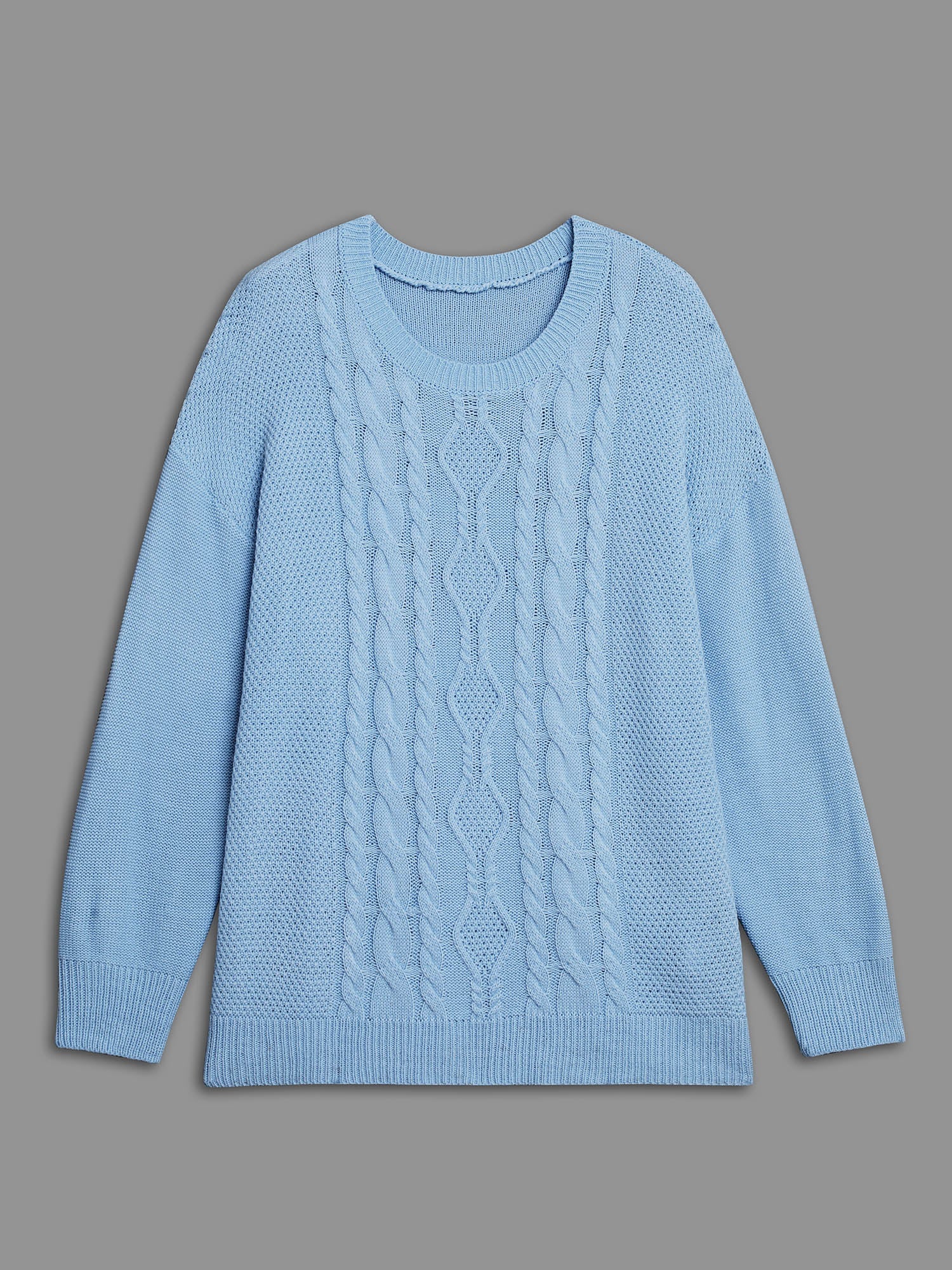 Solid Round Neck Plisse Cable Knit Pullover