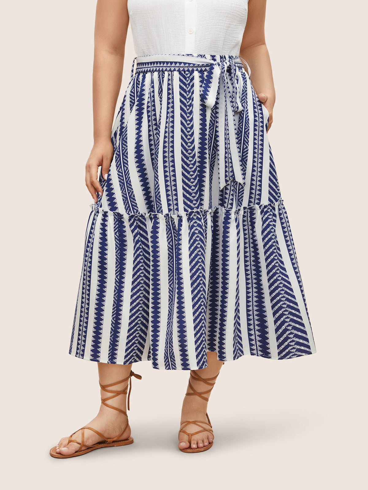 Bandana Geometric Belted Patchwork Ruffle Hem Skirt