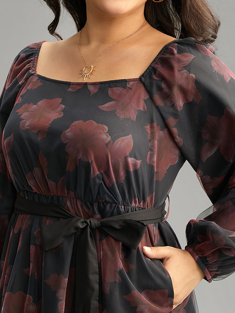 Floral Mesh Belted Gathered Lantern Sleeve Dress