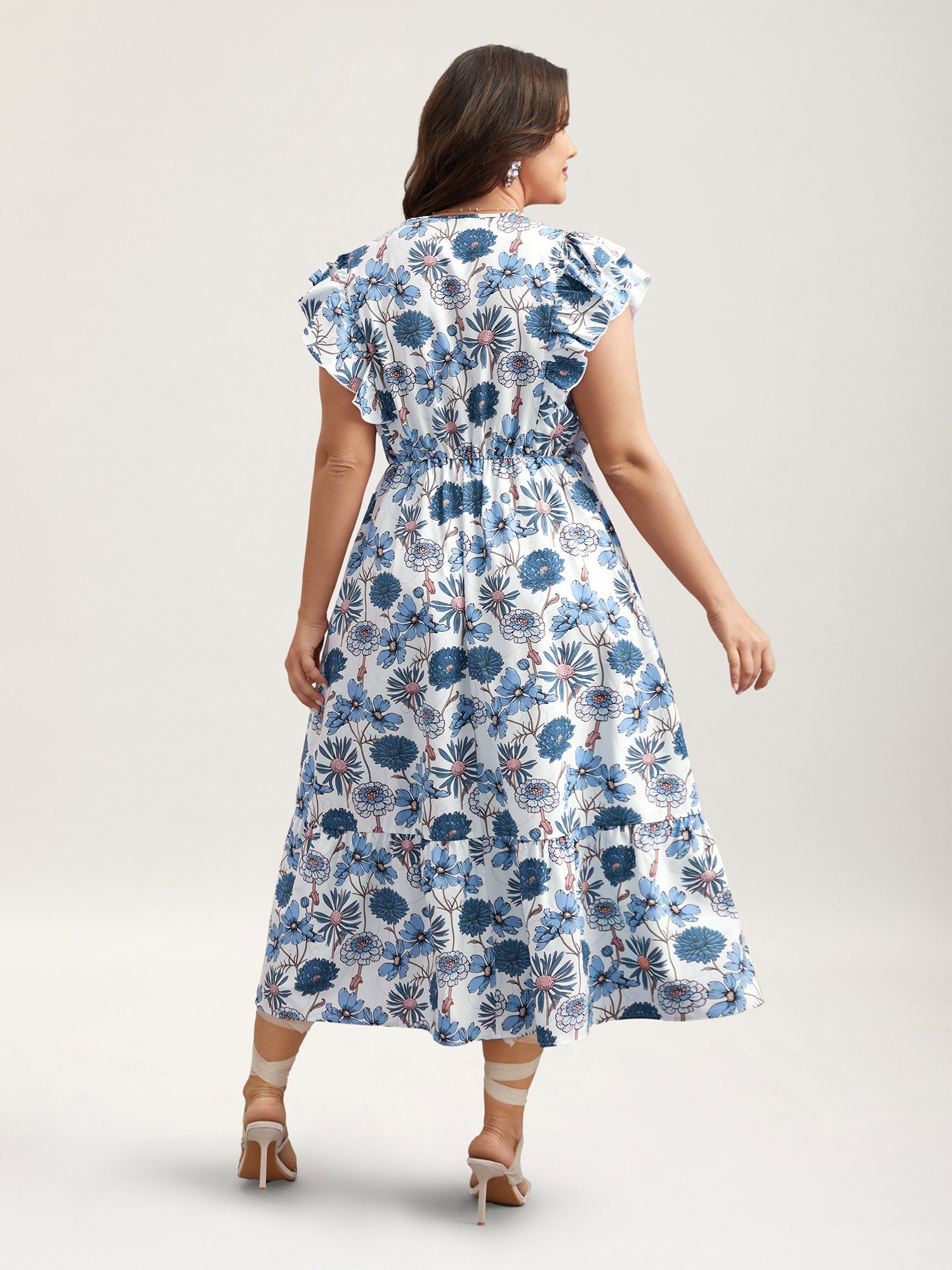 Ruffled Floral Print Stretchy-Waist Midi Dress