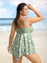 Floral Patchwork Twist Front Buckle Detail Swim Dress