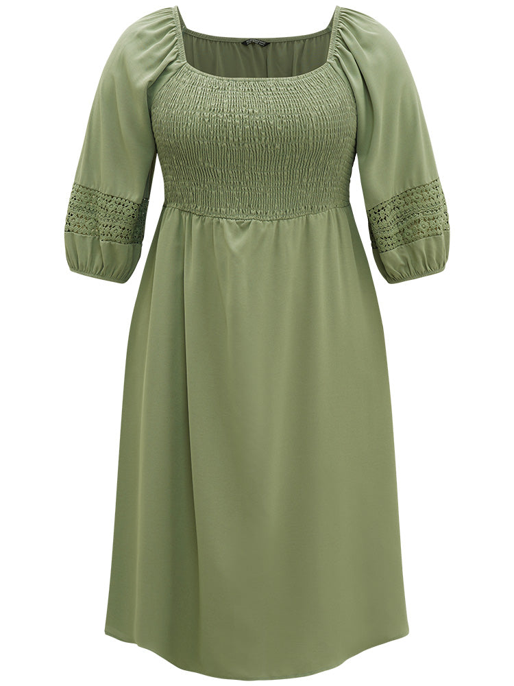 Solid Shirred Square Neck Guipure Lace Dress