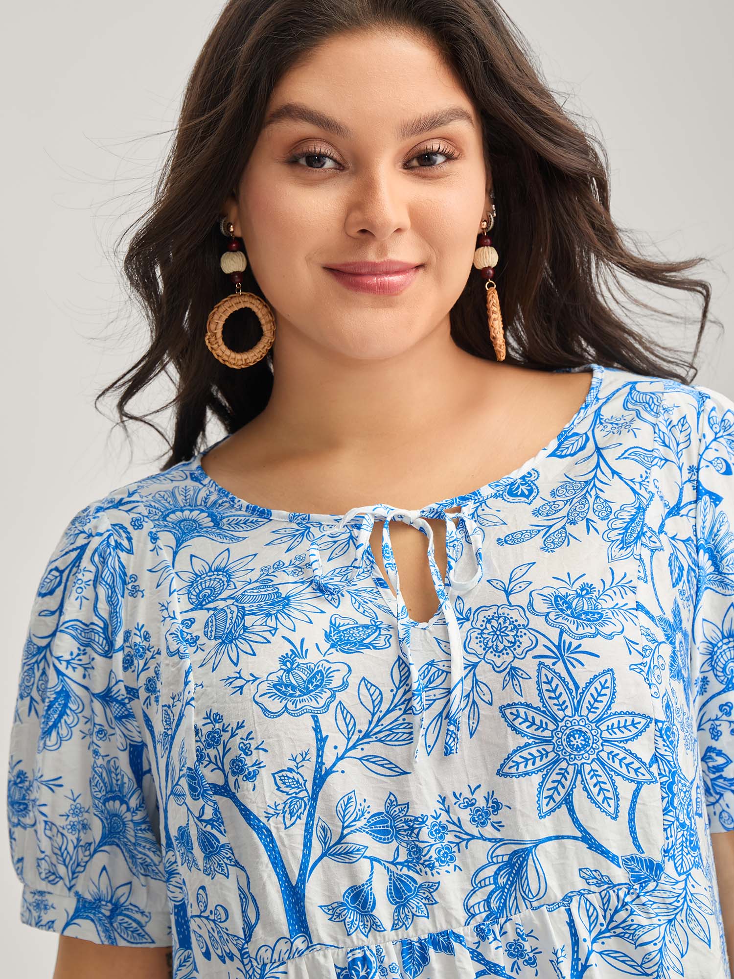 Silhouette Flower Print Neck Tie Blouse