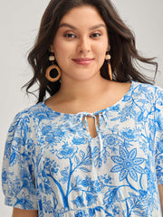 Silhouette Flower Print Neck Tie Blouse