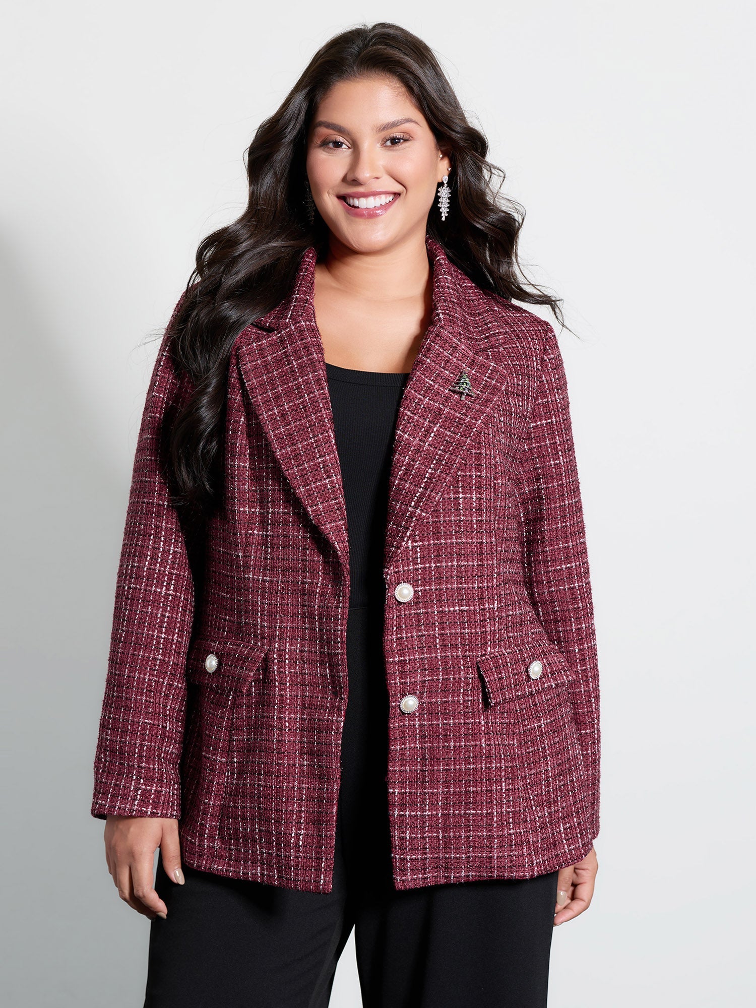 Tweed Brooch Waist-Defining Blazer
