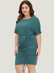 Solid Ruched Drawstring Hem Bodycon Dress