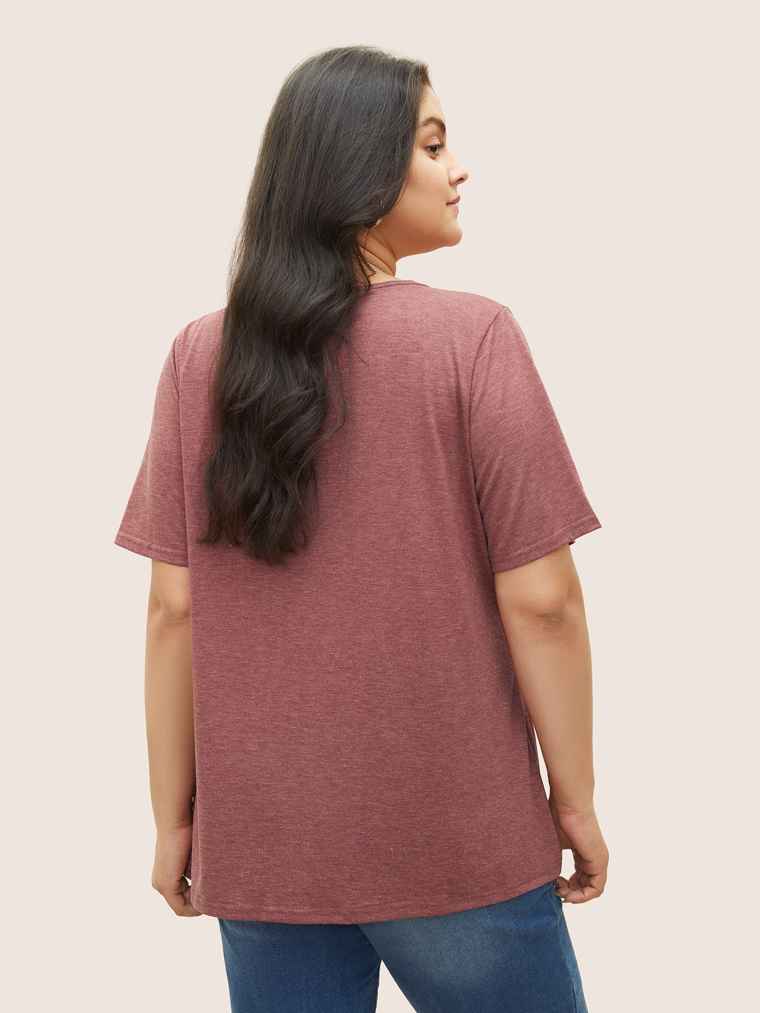 Solid Pleated Front Button Detail V Neck T-shirt