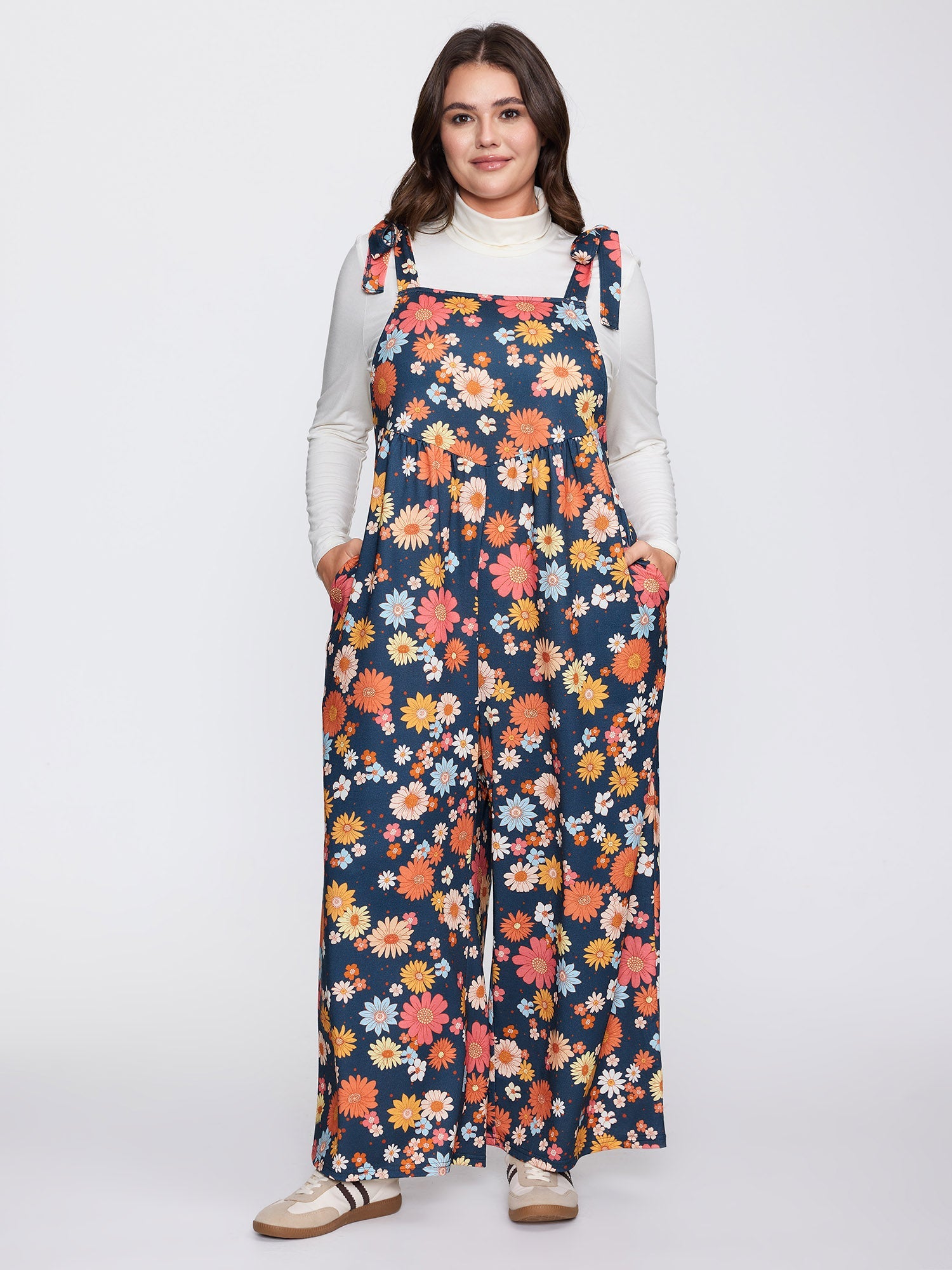 Floral Print Adjustable Shoulder-Tie Pockets Jumpsuit