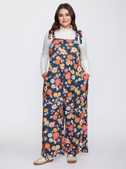 Floral Print Adjustable Shoulder-Tie Pockets Jumpsuit