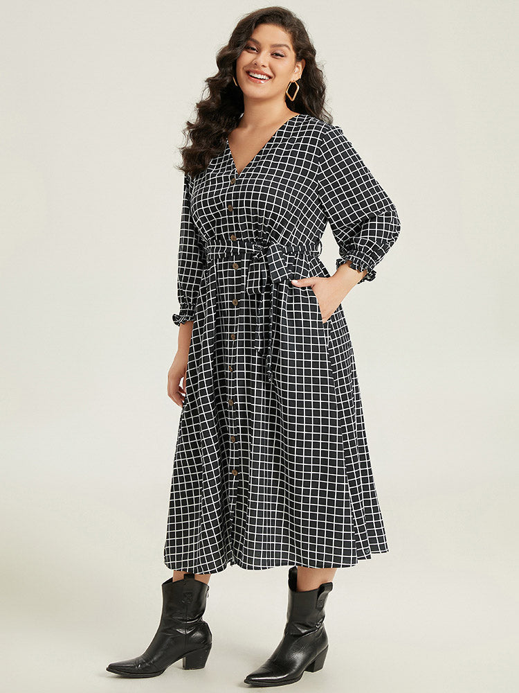 Gingham Button Detail Pocket Lantern Sleeve Dress