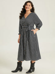 Gingham Button Detail Pocket Lantern Sleeve Dress