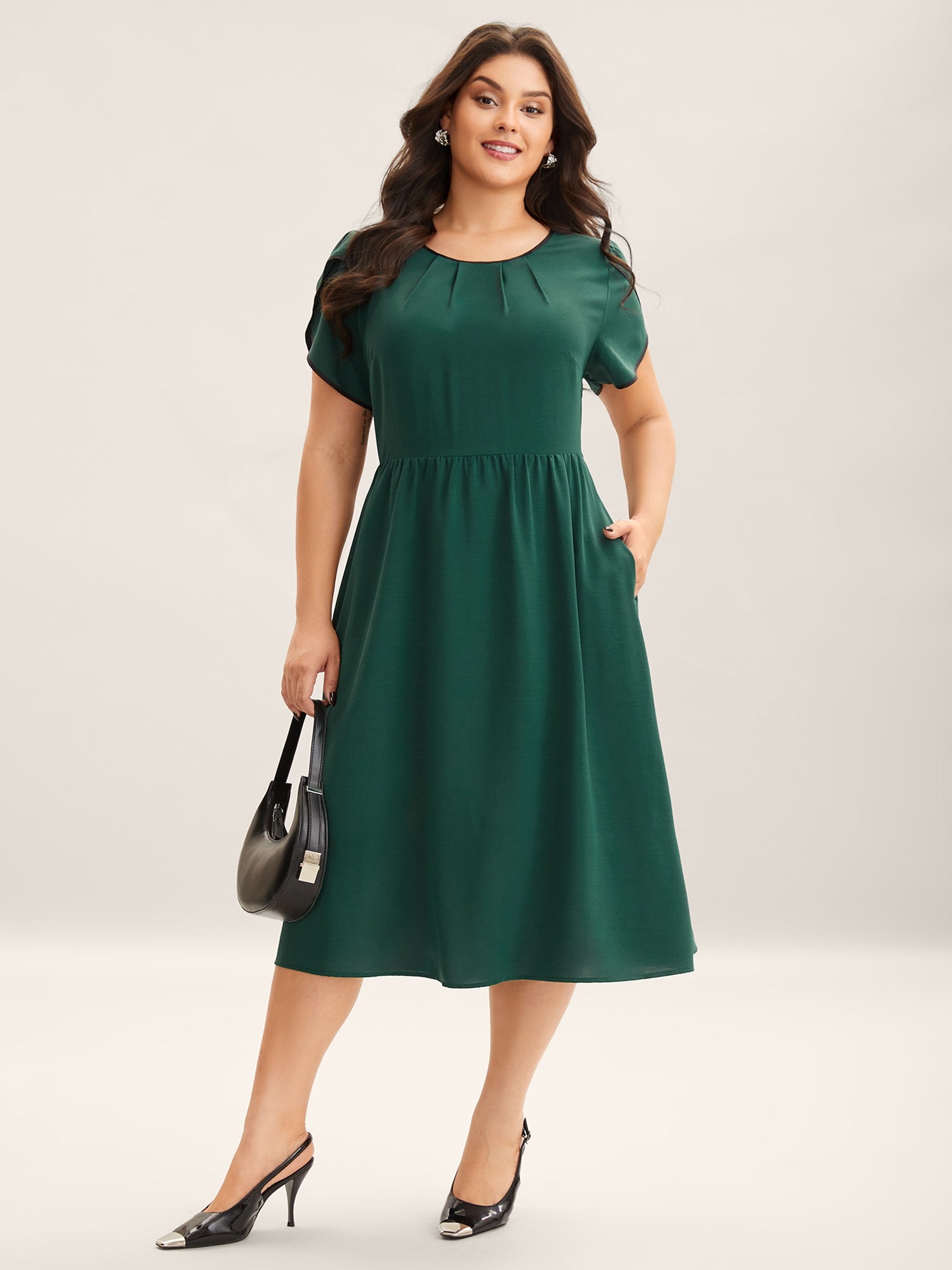 Petal Sleeve Pleated Pockets Midi Dress