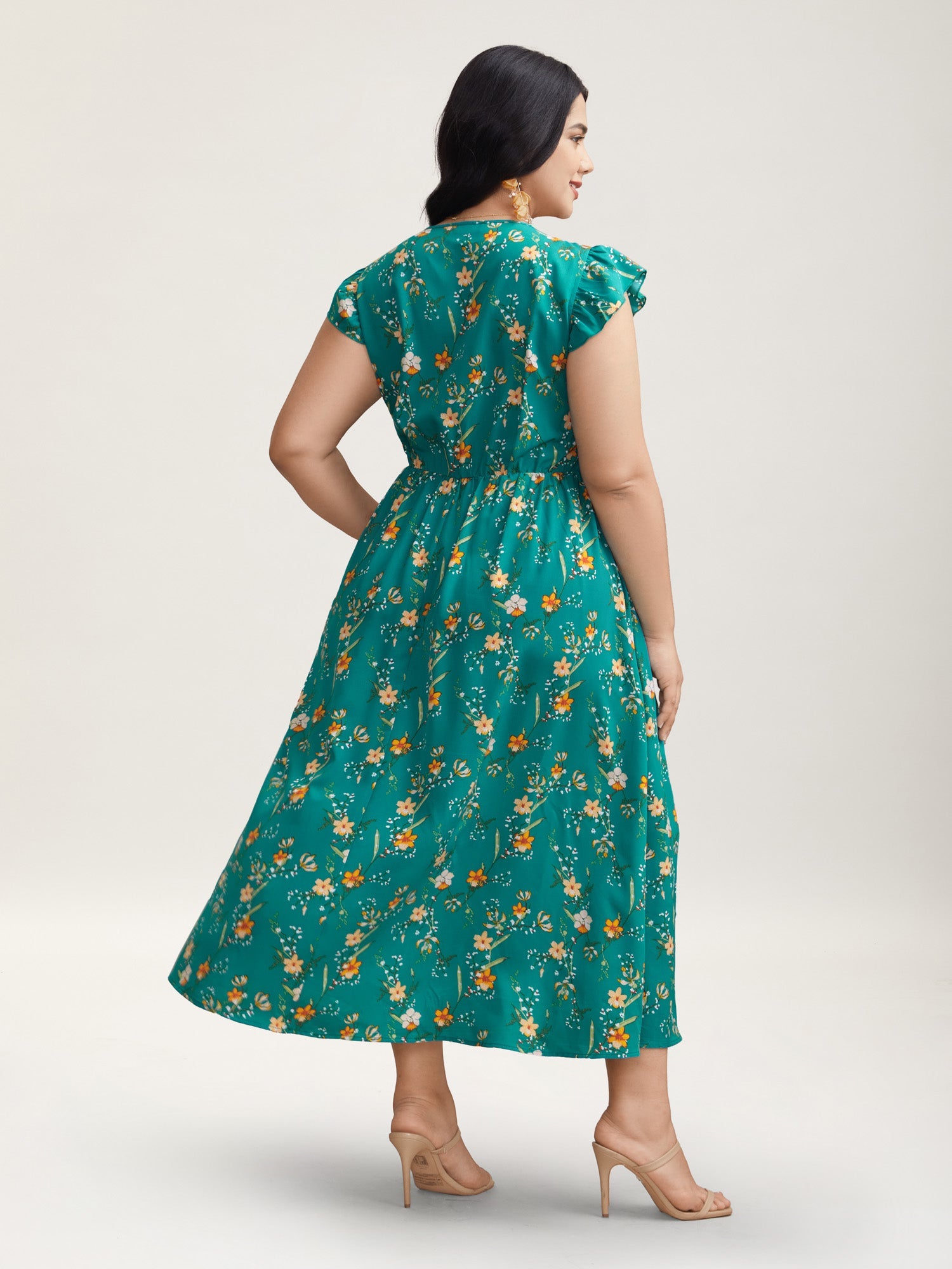 Shirred Printed Flutter Sleeve Pockets Maxi Dress