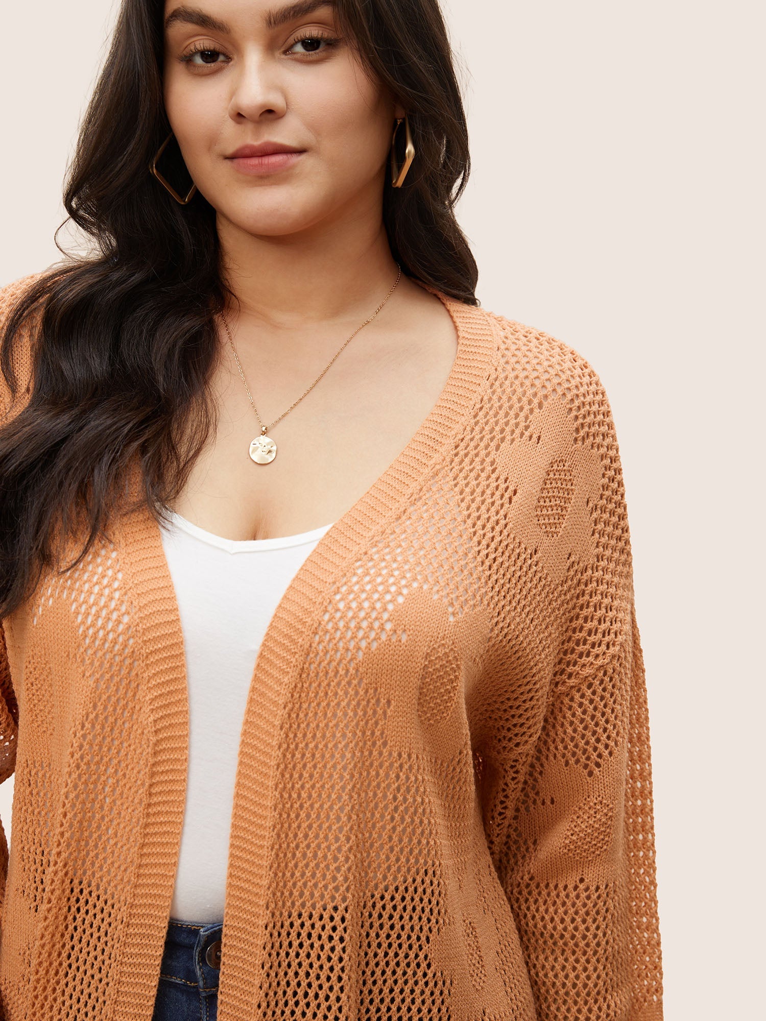 Solid Floral Pocket Pointelle Knit Cardigan