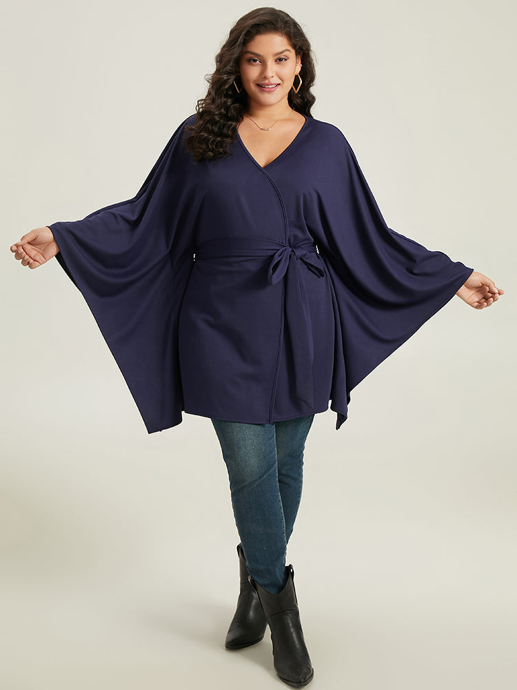Plain Drape  Surplice Neck Belted Kimono