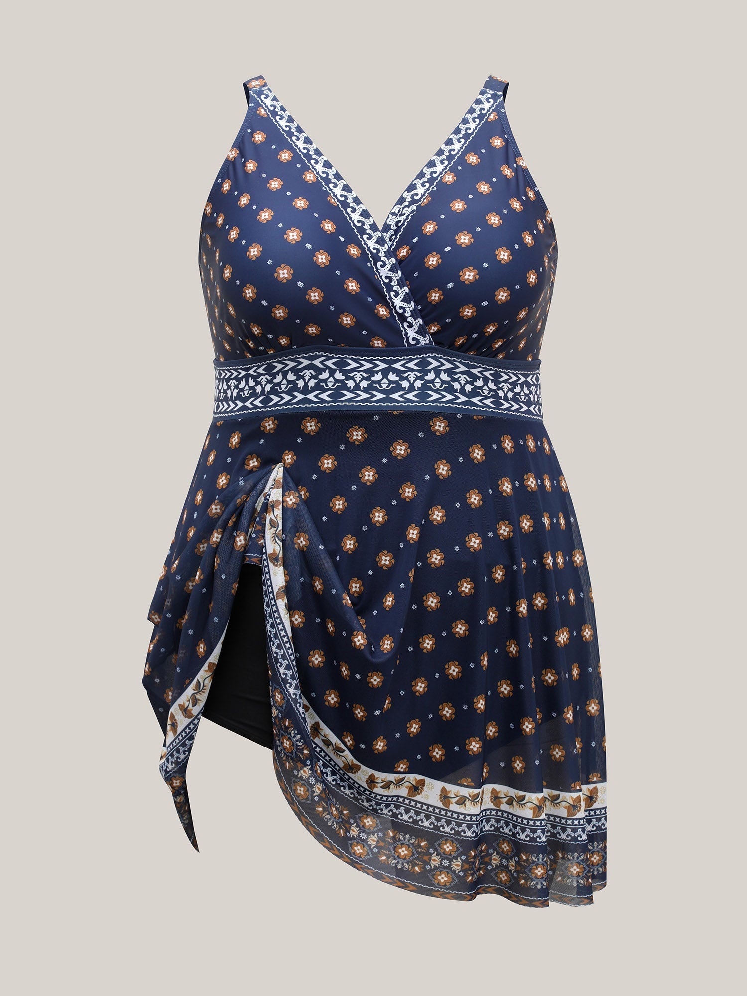 Sheer Boho Print Surplice Swim Dress