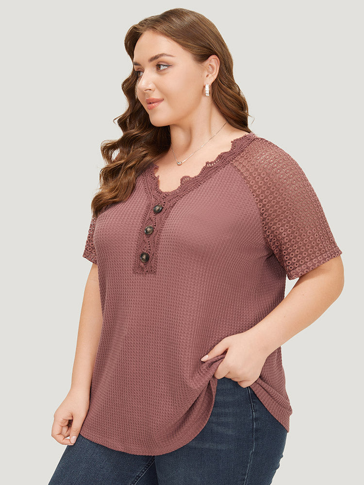 Plain Contrast Lace Raglan Sleeve Button Detail T-shirt