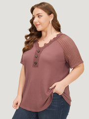 Plain Contrast Lace Raglan Sleeve Button Detail T-shirt