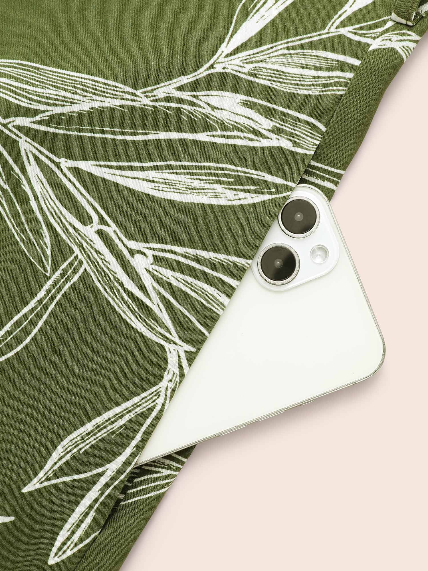 Shirt Collar Plants Print Belted Dress