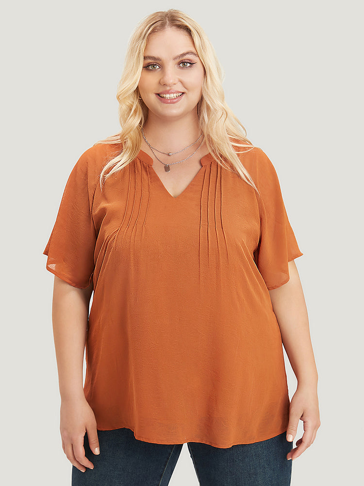 Solid Notched Pleated Mesh Raglan Sleeve Blouse