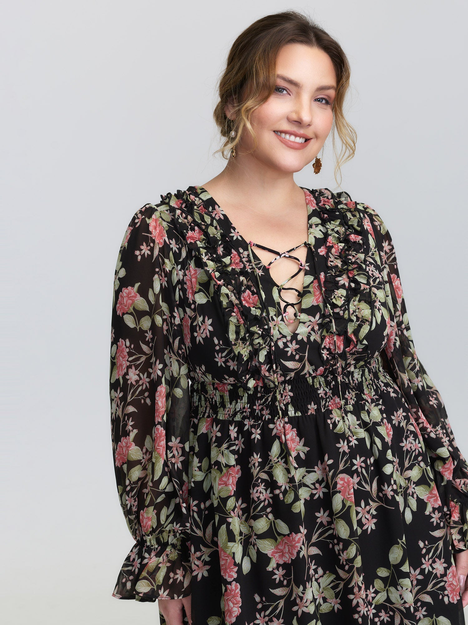 Floral Pockets Adjustable Shirred Midi Dress