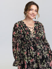 Floral Pockets Adjustable Shirred Midi Dress