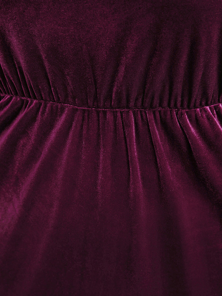 Solid Mesh Patchwork Pocket Velvet Arc Hem Dress