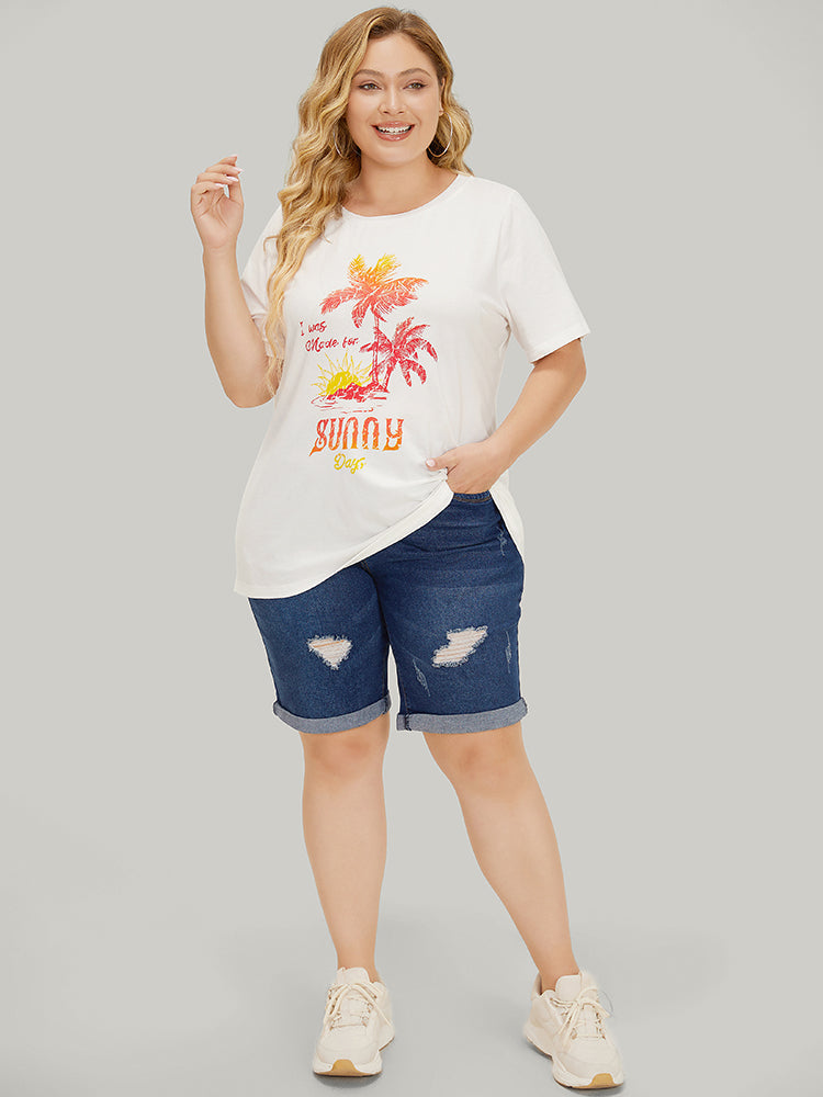 Coconut Tree & Letter Print Drop Shoulder T-shirt