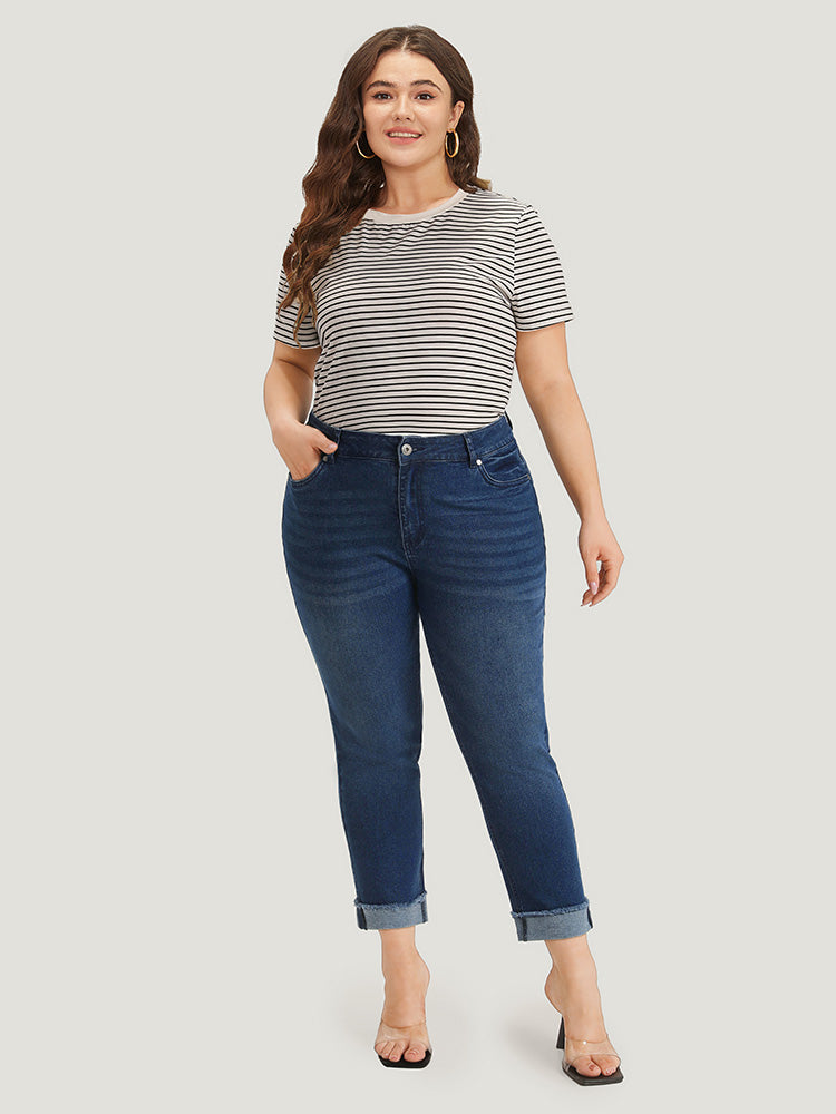 Solid Frayed Roll Hem High Rise Jeans