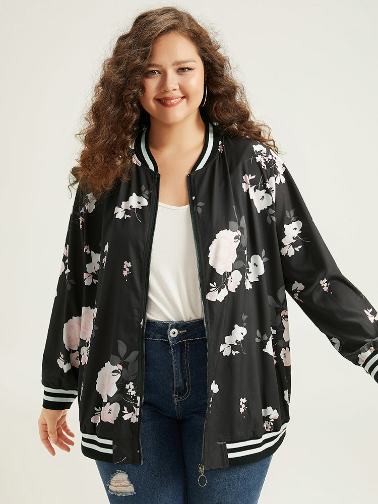 Floral Contrast Trim O Ring Zipper Jacket