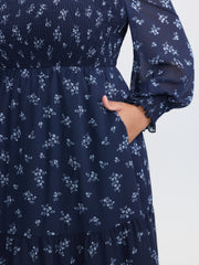 Floral Print Shirred Bodice Sheer Midi Dress