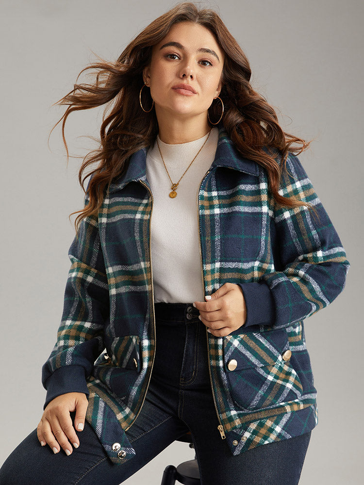 Plaid Button Detail Pocket Zipper Jacket