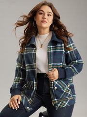 Plaid Button Detail Pocket Zipper Jacket