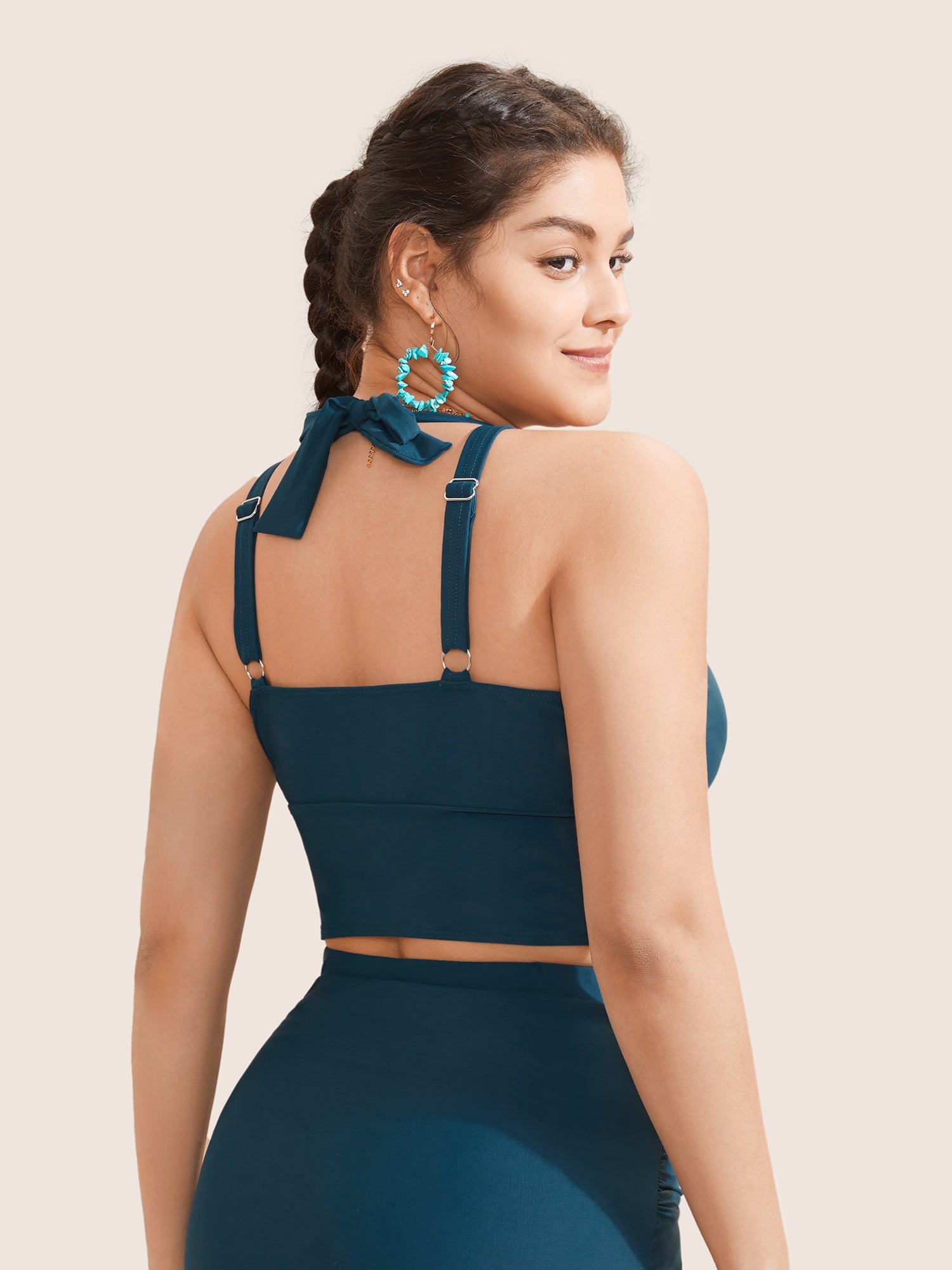 Floral Embroidered Knot Ruched Swim Top