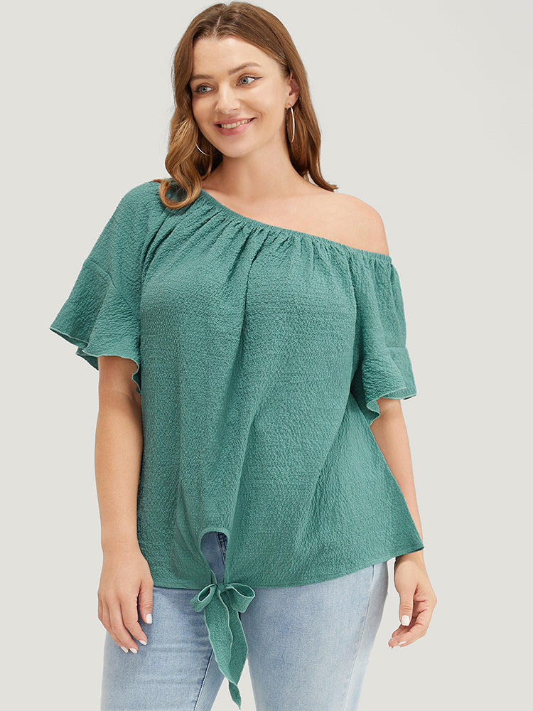 Solid Cut Out Knotted Hem Ruffle Sleeve One Shoulder Blouse