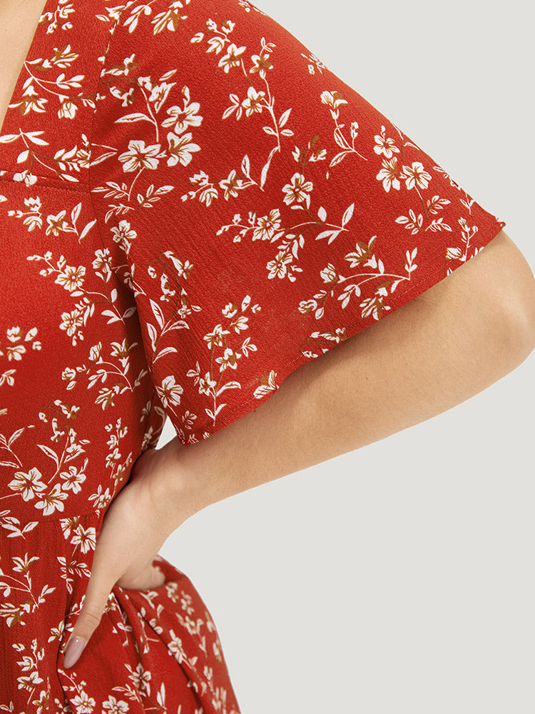 Floral Print Square Neck Ruched Ruffles Drawstring Dress