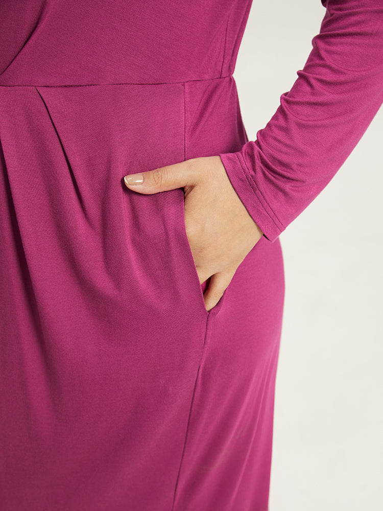 Solid Pocket V Neck Plicated Detail Dress