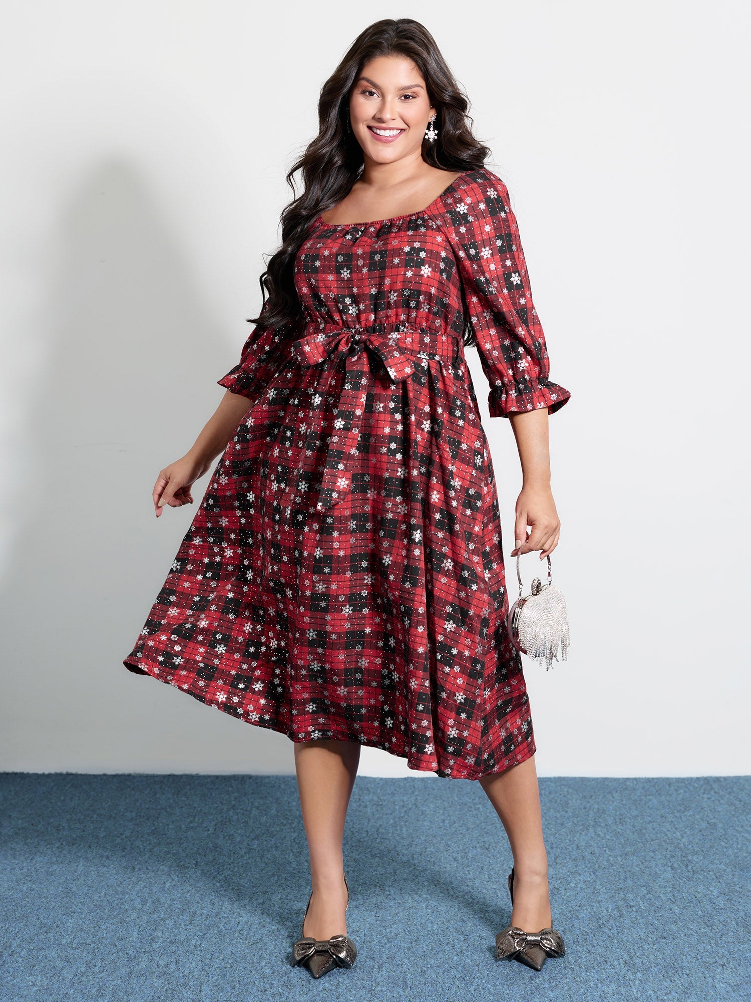 Snow Checkered Print Shirred Midi Dress