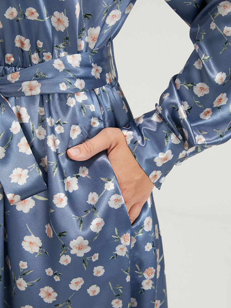 Floral Keyhole Back Pocket Belted Satin Midi Dress