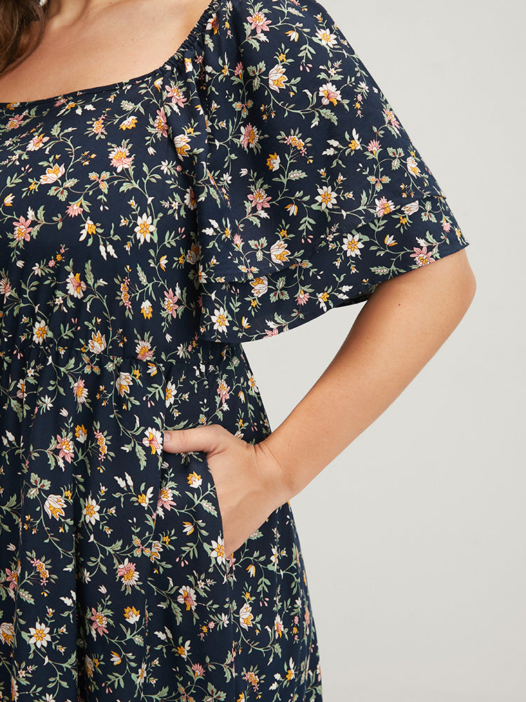Floral Pocket Ruffles Square Neck Midi  Dress