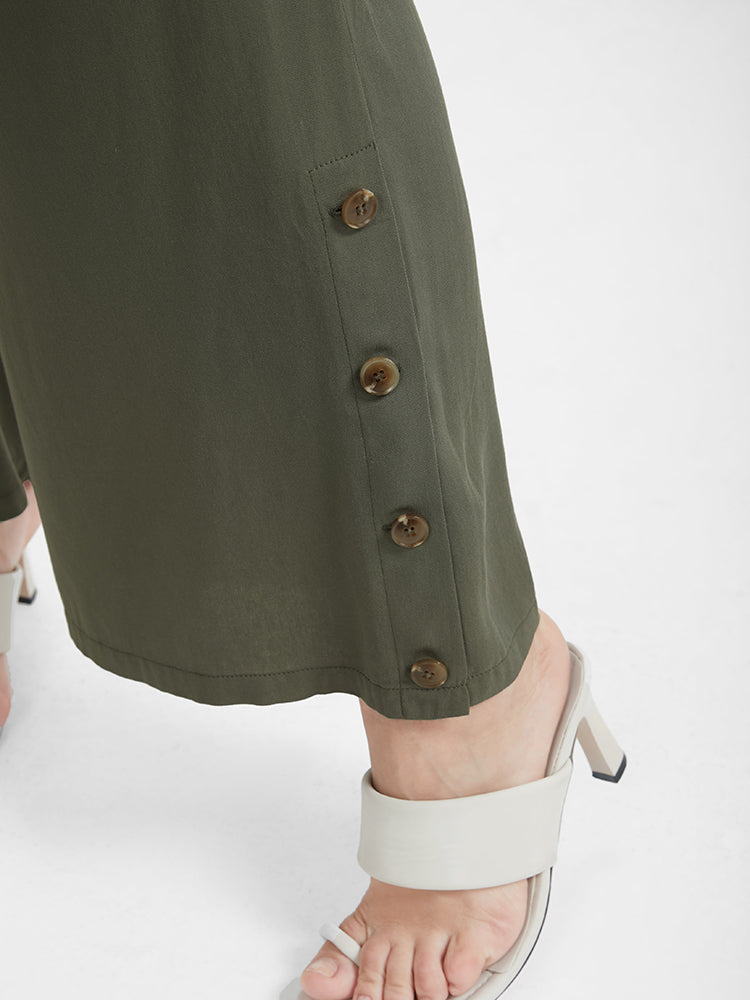 Solid Button Elastic Waist Pocket Loose Pants