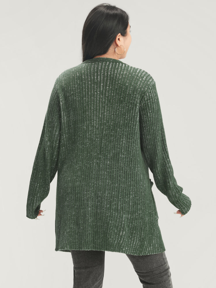 Solid Pointelle Knit Heather Rib Knit Open Front Cardigan