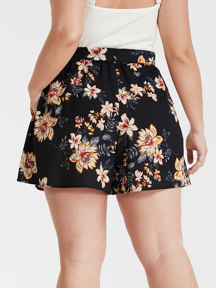 Floral Belted Pocket Elastic Waist  Shorts