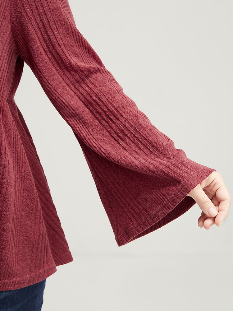 Solid Rib Knit Bell Sleeve Surplice Neck Long Tee