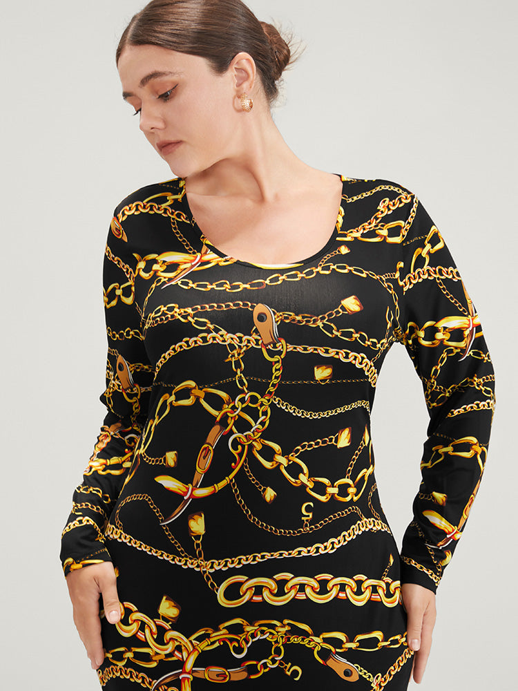 Chain Print Round Neck Bodycon Midi Dress