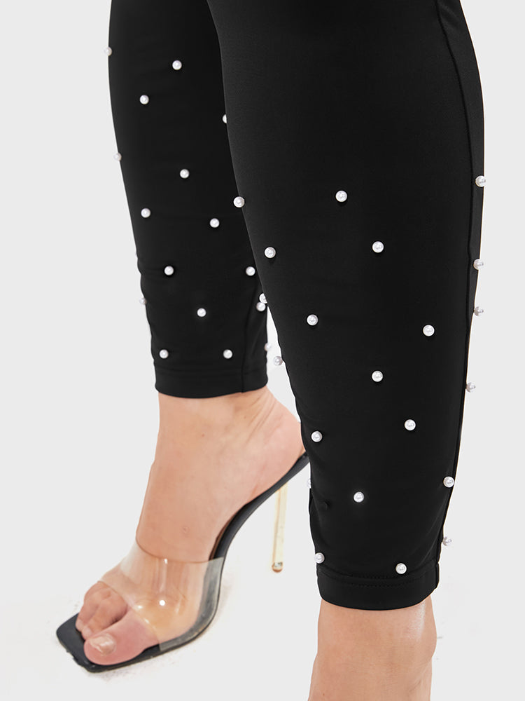 Solid Pocket Beaded Hem Leggings